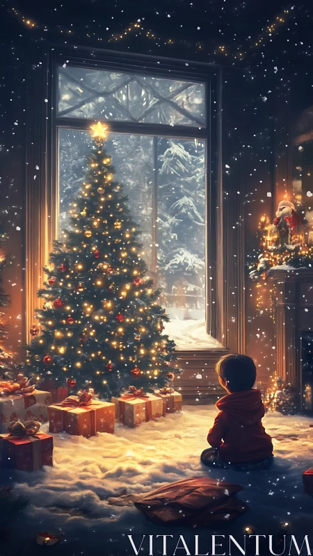 Snowlit child before glowing Christmas tree indoors.