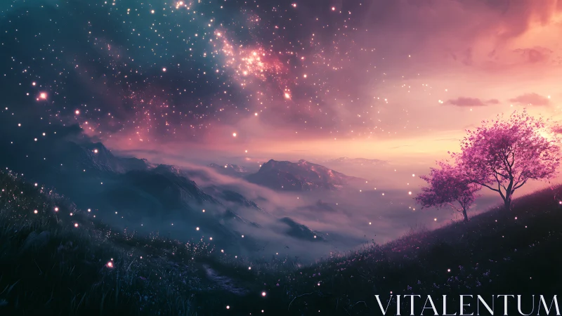 Dreamlike mountain valley under glowing cosmic sky.