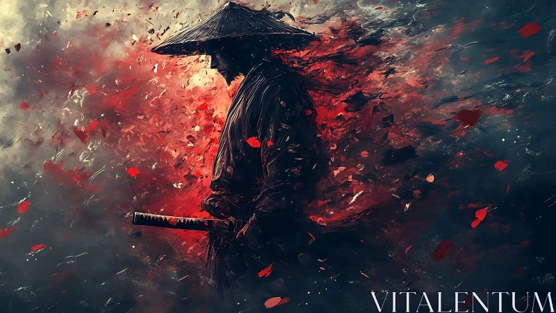 Samurai silhouette stands in swirling red and dark smoke