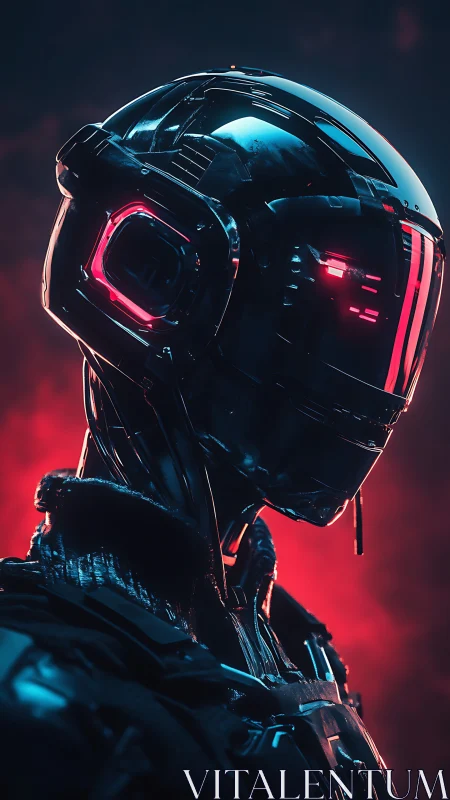 Specular cybernetic combat helmet under neon emissive backlight.