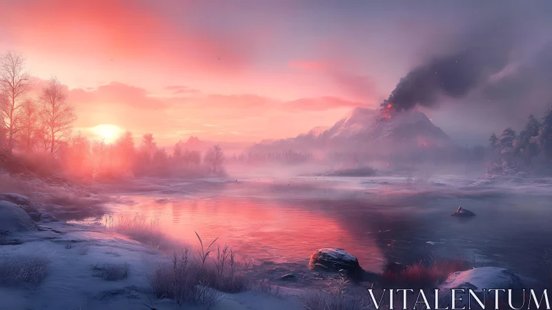 Volcanic mountain ignites serene winter sunrise lake.