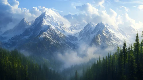 Snow-covered mountain range rises above dense green forest