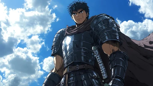 Armored swordsman stands beneath towering summer clouds