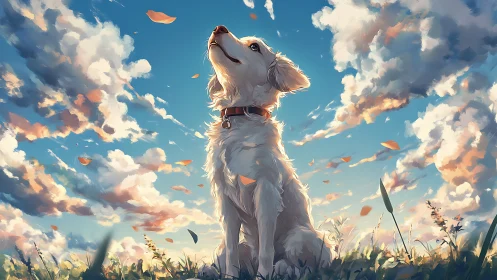 White dog in grassy field under clouded sky at sunset.