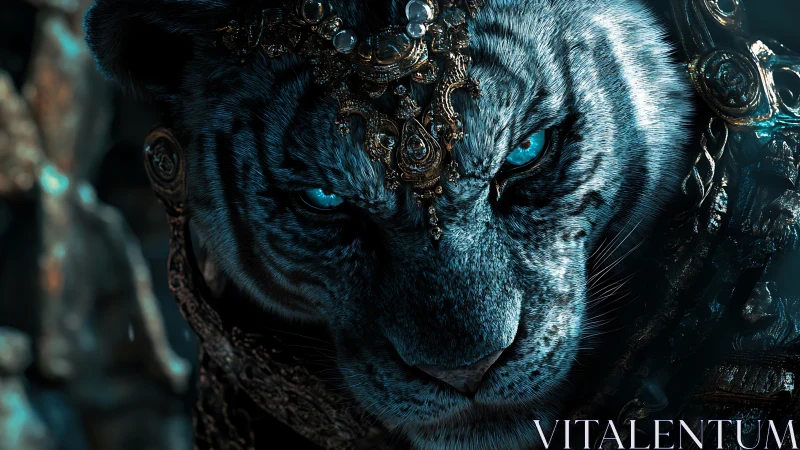 White tiger portrait displays ornate jeweled headdress