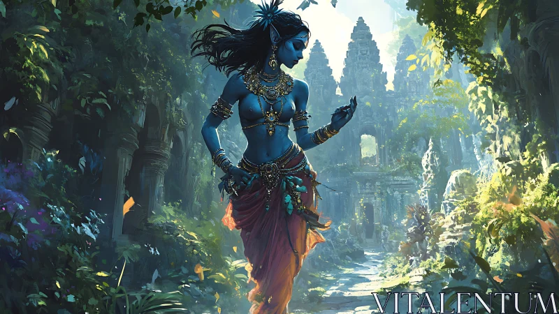 Blue jungle goddess wandering through luminous ruined temples.