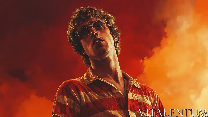 Retro striped-shirt portrait amid blazing orange clouds.