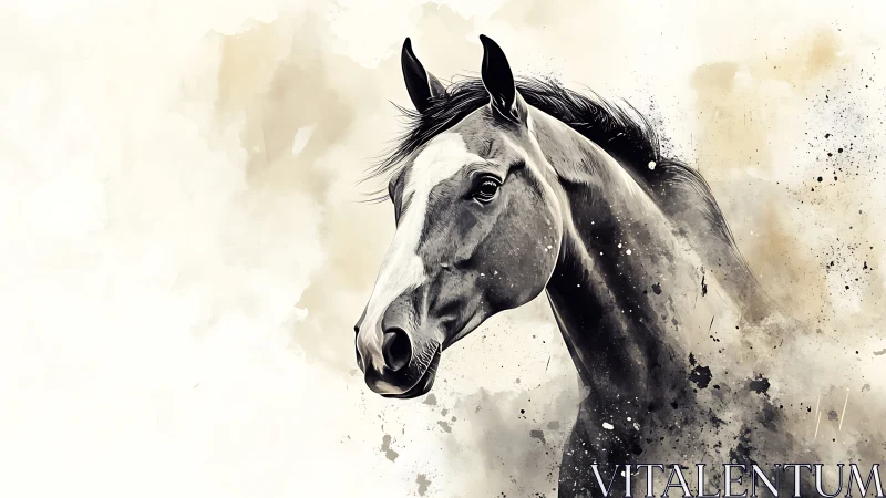 Monochrome horse portrait with abstract splatter effects.