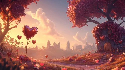 Heart-Bloomed Fantasy Realm Bathed in Amber Twilight