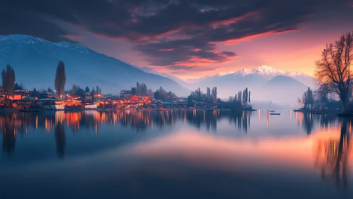 Alpine lakeside town glows under cinematic dusk reflections