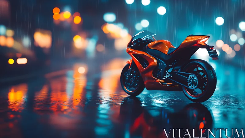 Orange sportbike on neon-lit wet city street at night in rain