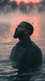 Man stands chest-deep in water at dusk under pink sky