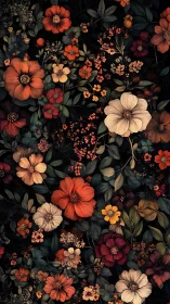 Dark Floral Composition: Multi-Scale Botanical Arrangement with Warm Chromatic Palette