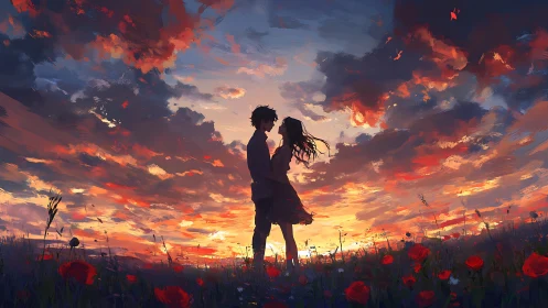 Couple silhouetted against burning sunset sky above wildflower field