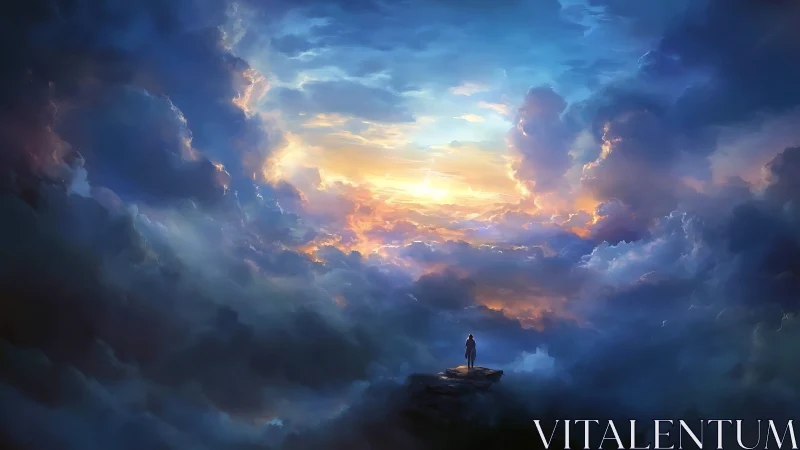 Wonder-filled traveler watches sunrise unfold above clouds