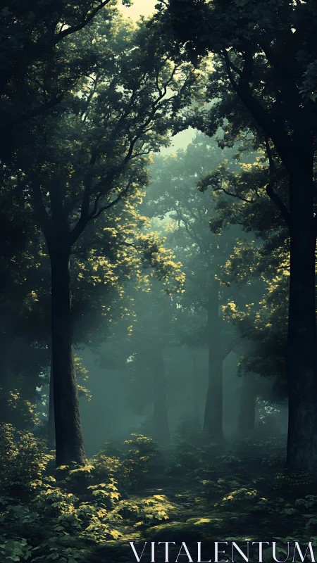 Misty Forest Path with Golden Sunlight Through Trees