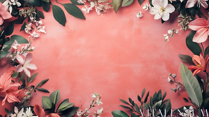 Botanical Arrangement Against Coral Surface With Floral Specimens.