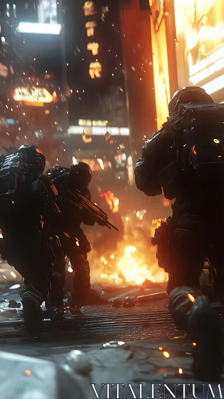 Armored soldiers advance through burning cyberpunk street