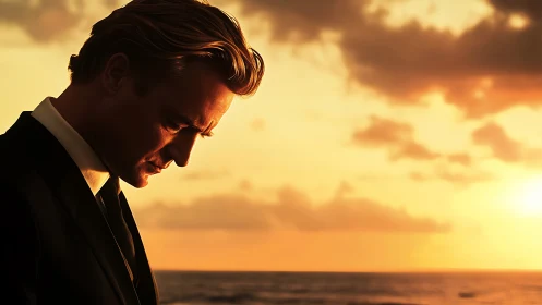 Contemplative suited man in profile against vivid ocean sunset