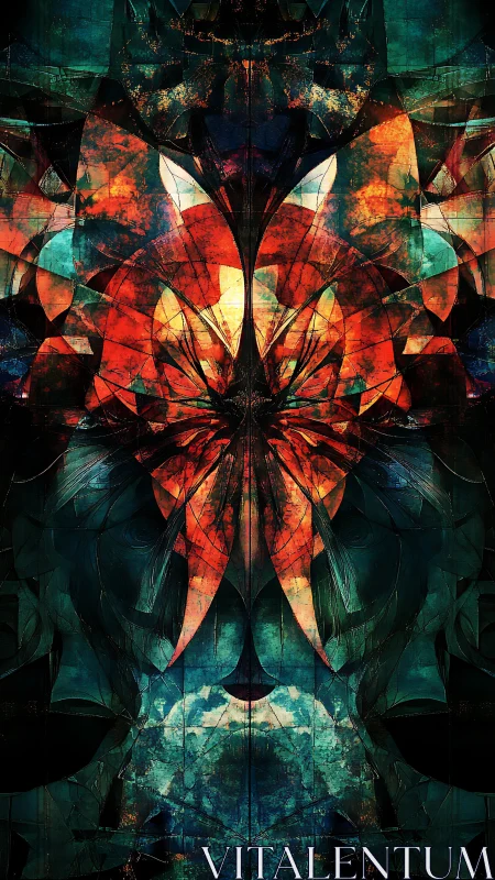 Symmetrical fractal totem with fiery lotus core and teal shell