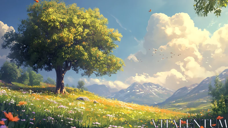 Sunlit meadow and sheltering tree beneath soft bright skies.