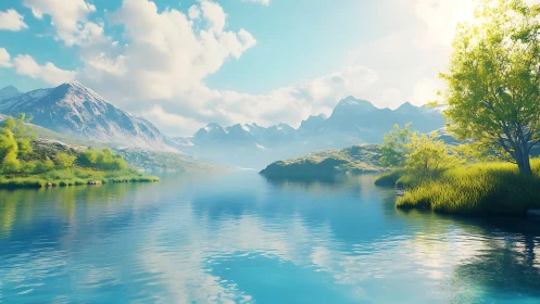 Mountain lake landscape with distant peaks under daylight.