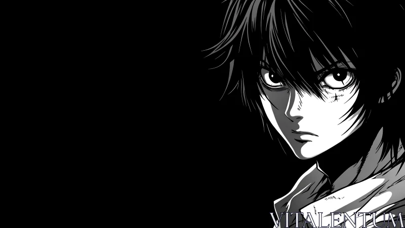 Monochrome anime portrait shows high contrast side lighting