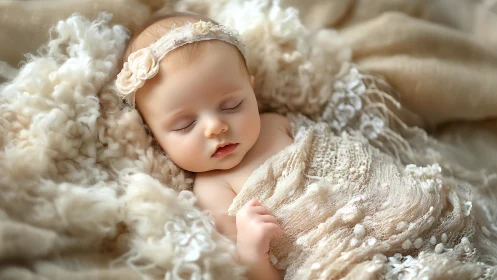 Sleeping Newborn in Cream Knit Wraps and Floral Headband.