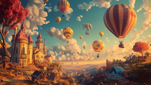 Enchanting hot air balloons drift above a fairytale hill town