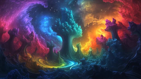 Surreal fractal forest with vivid multicolor cosmic light.