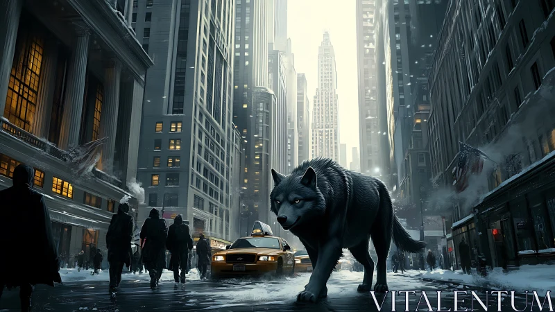 Giant Wolf Prowls Snowy Manhattan Street