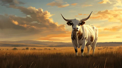 Longhorn cow stands in sunlit grassland under dramatic sky