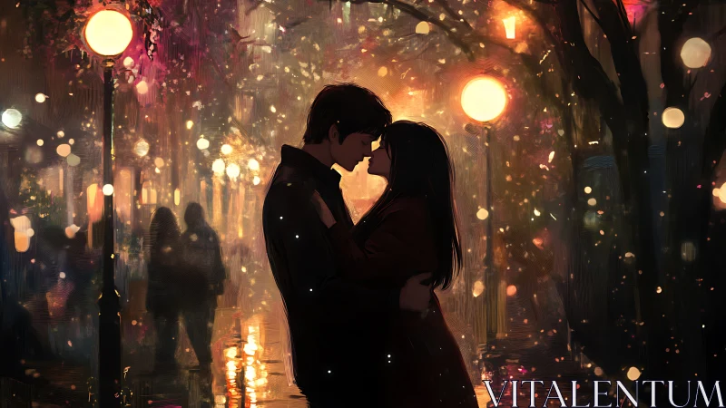 Couple Silhouetted Against Luminous Urban Street