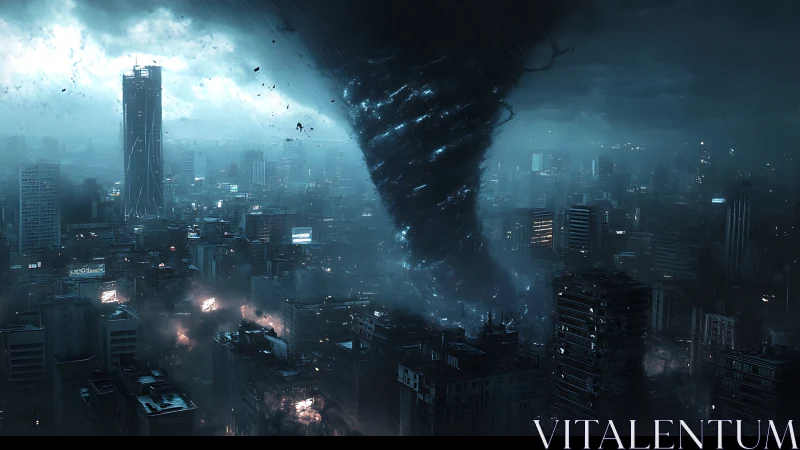 Massive vortex intersects dense high rise cityscape at night