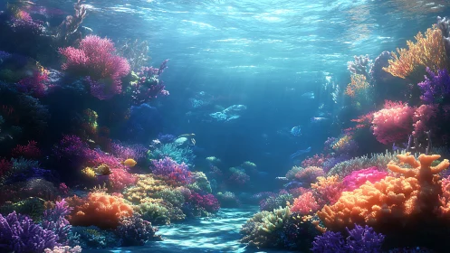 Sunlit digital coral reef with colorful marine life panorama.