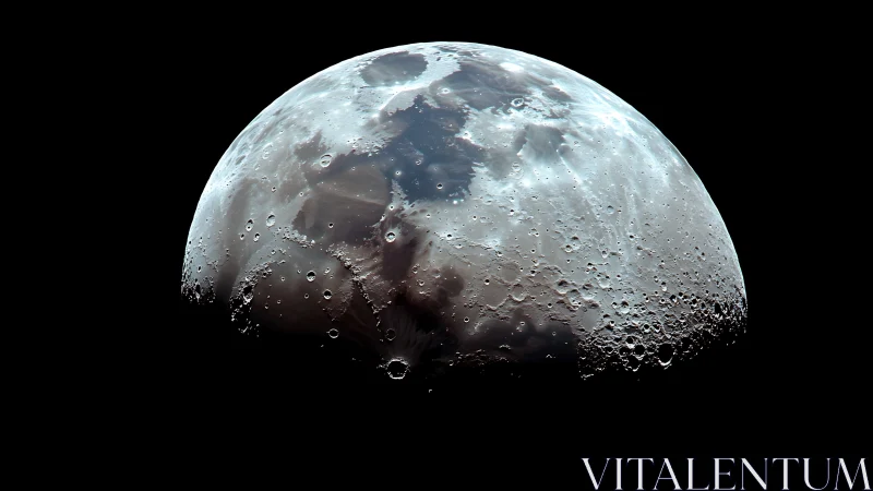 Lunar surface detail on illuminated hemisphere in space.