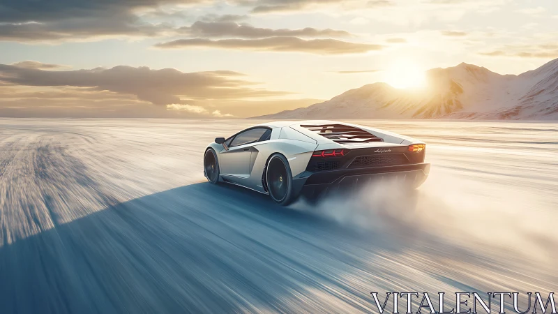 Silver sports car driving across snowy plain at sunrise.