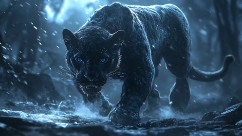 Black Panther With Luminous Eyes in Procedural Winter Environment