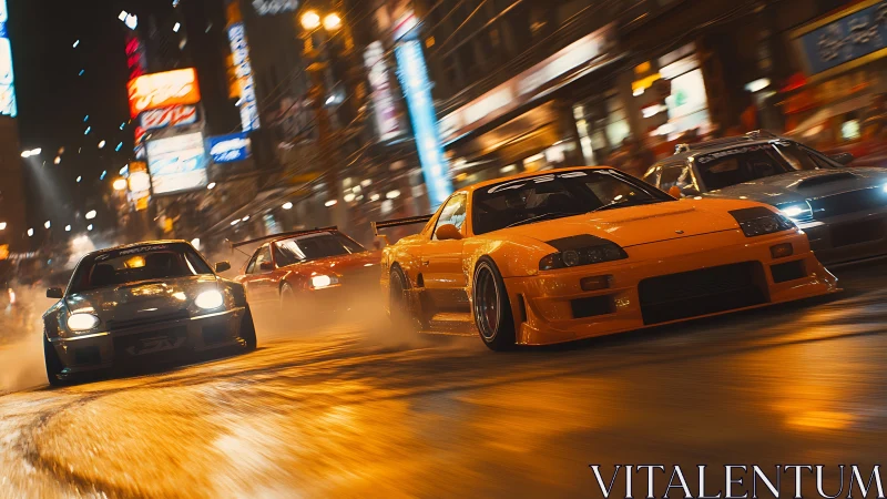 Midnight city drift cars racing through neon-lit streets.