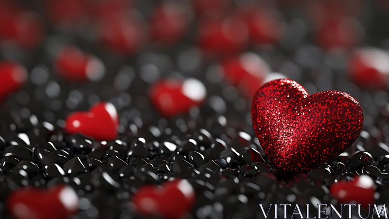 Red Glitter Hearts on Black Beads Surface