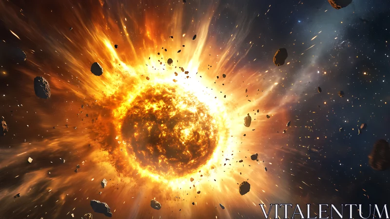 Blazing cosmic explosion surrounded by drifting asteroids.