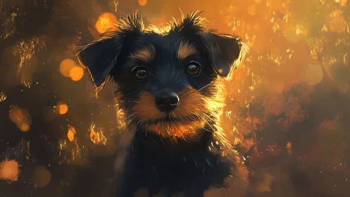 Golden backlight outlines black puppy portrait in bokeh glow