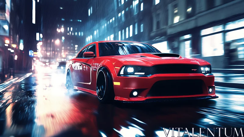 Red sports car on wet neon city street at night.