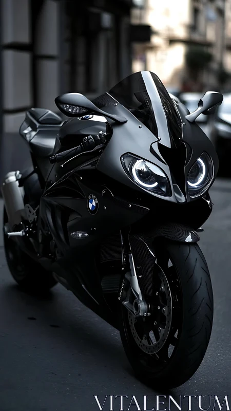 Black BMW sport motorcycle parked on urban street at dusk.