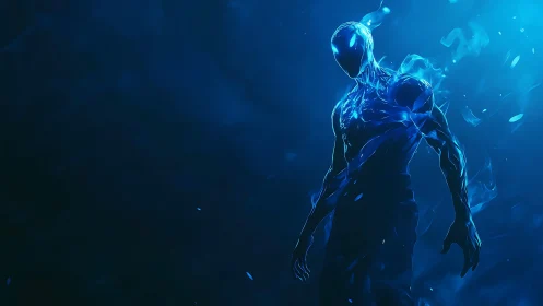 Luminous blue energy humanoid emerges from dark void