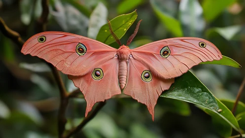 Pink moth with eye-patterned wings on glossy green leaves.