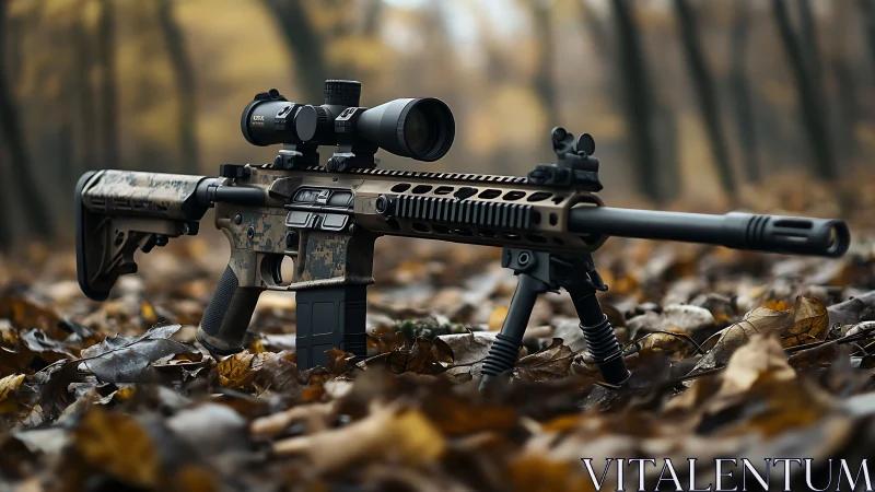 Tactical AR-15 Rifle with Scope in Autumn Setting.
