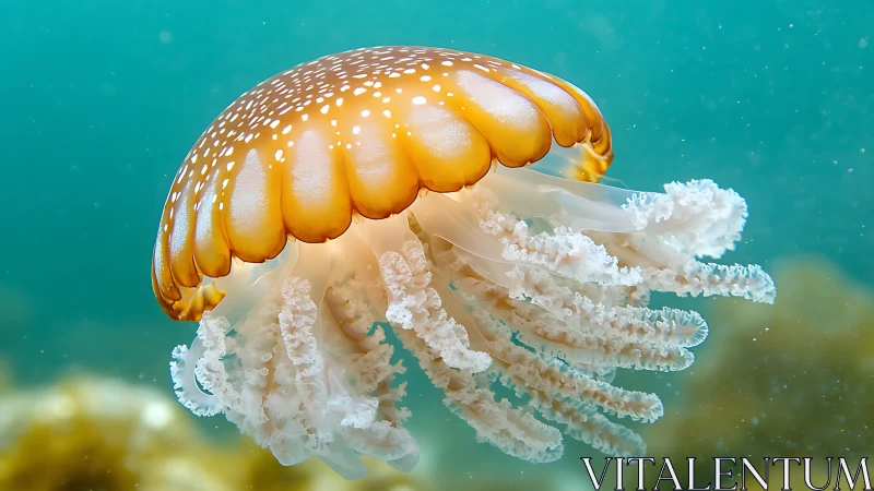 Jellyfish specimen drifts laterally in clear turquoise water