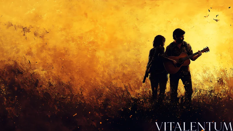 Guitarist and companion stand united in a fiery sunset field.