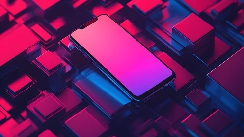 Futuristic smartphone on neon geometric blocks, digital art concept.